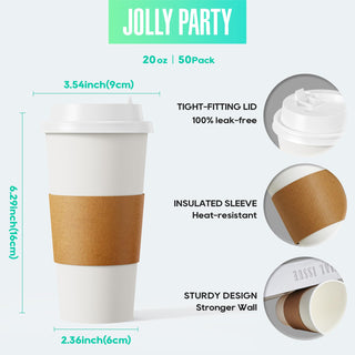 Multiple Size White Paper Coffee Cups with Lids & Sleeves & Straws - Hot/Cold Drinking & Office - Jolly Party - JOLLYCHEF