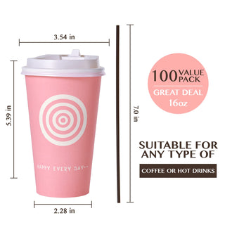 12oz/16oz/20oz Pink & Green Paper Coffee Cups with Lids and Straw - Office & Travel - Jolly Pack - JOLLYCHEF