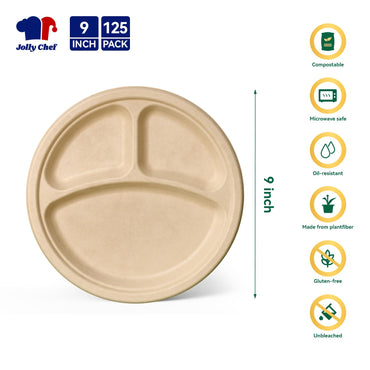 A 9-inch biodegradable plate by Jolly Chef with three compartments, featuring icons for compostable, microwave safe, and gluten-free.