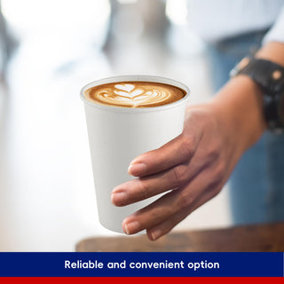 A hand holds a Jolly Chef Classic White Paper Cup of latte art, symbolizing a reliable and convenient coffee choice.