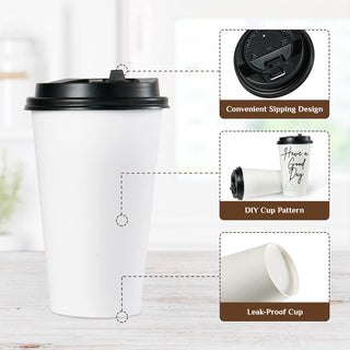 8oz/ 12oz/ 16oz White Paper Coffee Cups With Black Lids - Cold/Hot Drinking & Office - Vplus - JOLLYCHEF