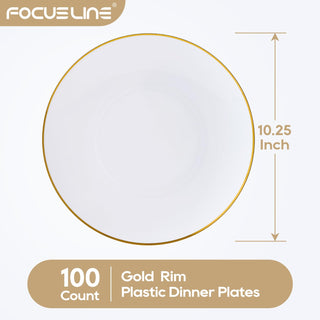 7in / 10.25in White Elegant & Food - Grade Plastic Plates with Gold Rim - Weddings & Birthday Parties - FOCUSLINE - JOLLYCHEF
