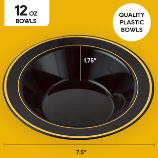 12oz Black with Gold Rim Round Plastic Bowls - Fruits & Salads - JOLLY PARTY - JOLLYCHEF