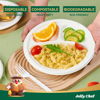 JOLLY CHEF 120 Pack Compostable 3 Compartment Plates, Heavy - Duty Disposable Biodegradable Paper Plates, 9 inch Eco - Friendly Sugarcane Bagasse Divided Plates for Dinner - JOLLYCHEF