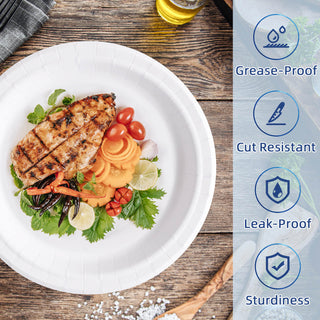 Grilled chicken breast with colorful vegetables and herbs on a jolly chef white paper plate, featuring icons for grease-proof and cut-resistant features.