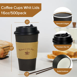 Multiple Size Black Paper Coffee Cups With Black Lids & Sleeves & Stirring Sticks - Office & Party - LITOPAK - JOLLYCHEF
