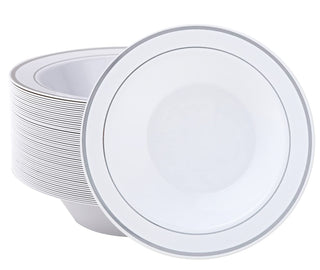 12oz White with Silver Rim Round Elegant Plastic Bowls - Wedding & Party - JOLLY PARTY - JOLLYCHEF