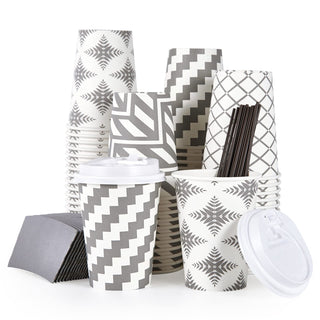 Multiple Size Four Designs Paper Coffee Cups with Lid & Sleeve & Straws - Home & Cafe - LITOPAK - JOLLYCHEF