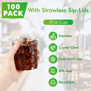 Multiple Sizes Clear PET Plastic Cups with Strawless Sip Lids - Iced Coffee & Smoothie - Lilymicky - JOLLYCHEF