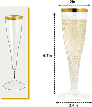 Jolly Chef 4.5oz Clear Gold Rim Champagne Flutes, with a gold rim, holding bubbly beverage; dimensions: 6.7in height, 2in top diameter, and 2.4in base.