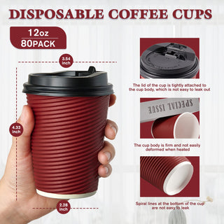 12oz Red Ripple Wall Paper Coffee Cups with Lids and Straw - Hot Drinks & Cafe - LITOPAK - JOLLYCHEF
