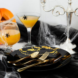 Black and Gold Plastic Disposable Dinnerware Sets - Halloween & Festival -Vplus