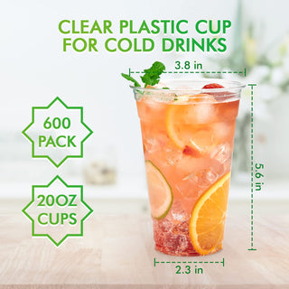 Clear 20oz PET plastic cup with cold drink, fruit, ice. 600 pack. 3.8" top, 2.3" bottom, 5.6" H.
