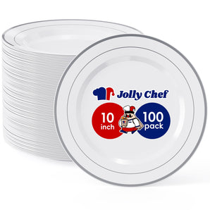 10 Inch 100 Pieces Disposable Plates White Plate with Silver Rim