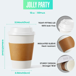 Multiple Size White Paper Coffee Cups with Lids & Sleeves & Straws - Hot/Cold Drinking & Office - Jolly Party - JOLLYCHEF