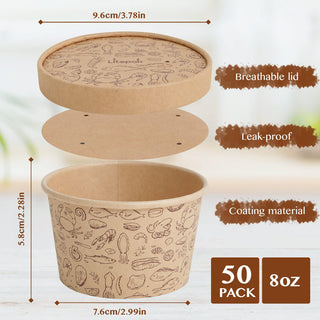 8oz/ 12oz Brown Microwavable Pattern Kraft Paper Soup Containers with Lids - Hot Soup & Storing Food - LITOPAK - JOLLYCHEF