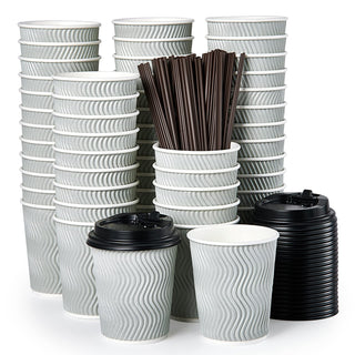8oz/ 12oz/ 16oz Gray Ripple Wall Paper Coffee Cups with Lids and Straw - Hot Drinks & Cafe - MUCHII - JOLLYCHEF