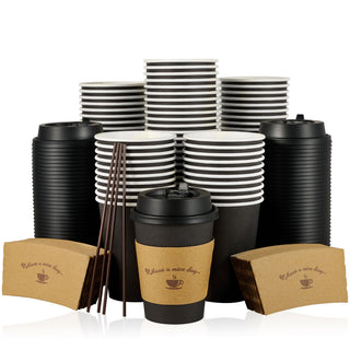 Multiple Size Black Paper Coffee Cups With Black Lids & Sleeves & Stirring Sticks - Office & Party - LITOPAK - JOLLYCHEF