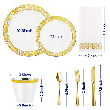 Jolly Chef’s dinnerware set with size details: 10.25-inch and 7.5-inch golden-patterned plates, an 8.5x4.0-inch napkin, a 3.5x2.7-inch cup, and golden cutlery (spoon, fork, knife) each labeled with their dimensions.