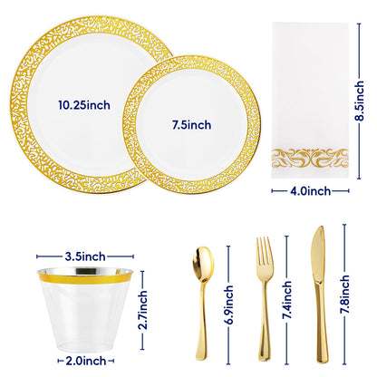 Gold&Rose&Silver Rim Plastic Plates&Cups&Paper Napkins&Flatwares(120sets)