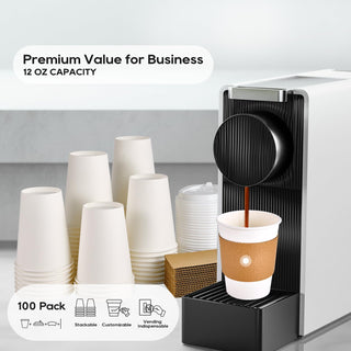 Multiple Size White Paper Coffee Cups with Lids & Sleeves & Straws - Hot/Cold Drinking & Office - Jolly Party - JOLLYCHEF