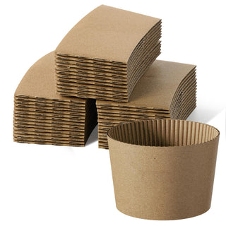 Jolly Chef Kraft Paper Cup Sleeves with one upright, showcasing the ribbed texture and eco-friendly design.