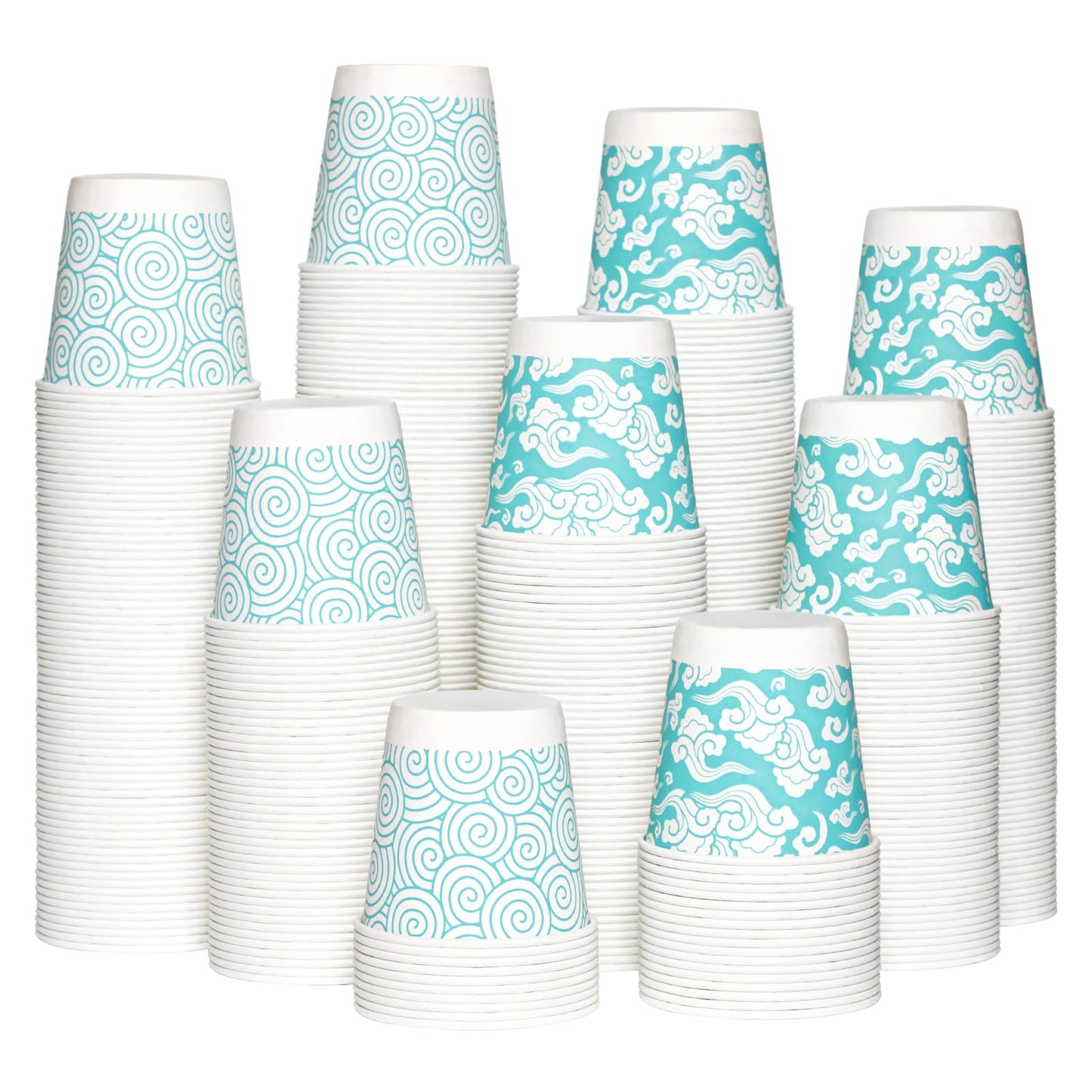 A stack of Jolly Chef 3oz Cloud Pattern Paper Cups featuring alternating blue and white swirl and cloud patterns, arranged in  an artistic mound.