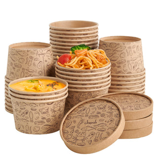 8oz/ 12oz Brown Microwavable Pattern Kraft Paper Soup Containers with Lids - Hot Soup & Storing Food - LITOPAK - JOLLYCHEF
