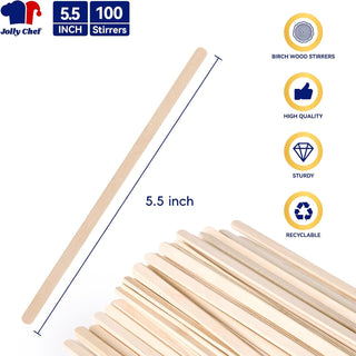 5.5-inch birch wood coffee stirrers. High quality, sturdy, and recyclable. "5.5 INCH Stirrers" text shown.