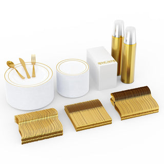 Gold Rimmed Plastic Dinnerware Set - Dinner & Salad Plates, Cups, Cutlery Set, Napkin - Wedding & Birthday Parties - Jolly Chef
