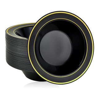 12oz Black with Gold Rim Round Plastic Bowls - Fruits & Salads - JOLLY PARTY - JOLLYCHEF