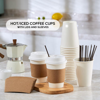 Multiple Size White Paper Coffee Cups with Lids & Sleeves & Straws - Hot/Cold Drinking & Office - Jolly Party - JOLLYCHEF