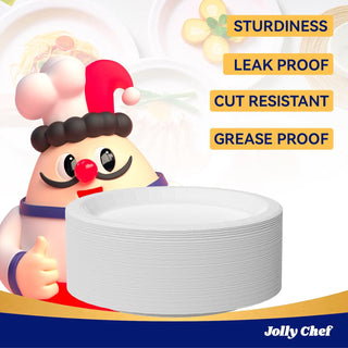 Stack of white paper plates with cartoon chef. Features: Sturdiness, Leak Proof, Cut Resistant, Grease Proof.