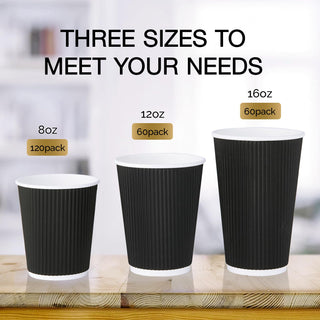 8oz/ 12oz/ 16oz Elegant Black Ripple Wall Durable Paper Coffee Cups - Tea Hot Chocolate & Office - Jolly Pack - JOLLYCHEF