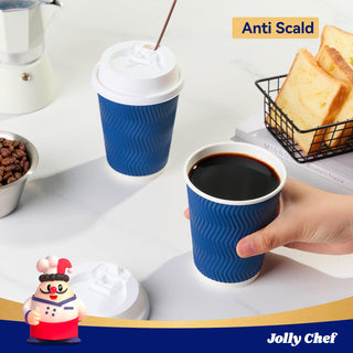 12oz/ 16oz Blue Ripple Wall Paper Coffee Cups with Lids & Stirrers - Hot/Cold Drinking & Office - Jolly Chef - JOLLYCHEF