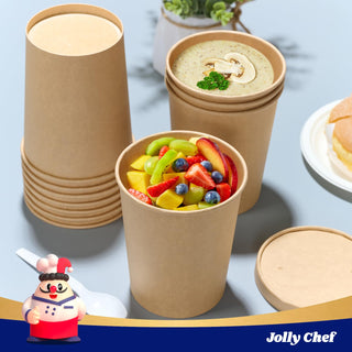 Brown Microwavable Kraft Paper Soup Containers with Lids - Hot Soup & Storing Food - Jolly Chef - JOLLYCHEF