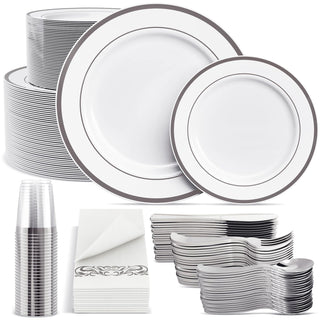 Sliver Rimmed Plastic Dinnerware Set - Dinner & Salad Plates, Cups, Cutlery Set, Napkin - Wedding & Birthday Parties - Jolly Chef