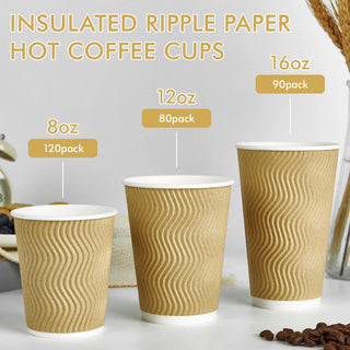 8oz/ 12oz/ 16oz Ripple Wall Durable Paper Coffee Cups - Hot Beverage & Office - DAILYPACK - JOLLYCHEF