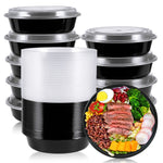 Stack of black 24oz microwave-safe meal prep containers with clear lids and a sample salad bowl