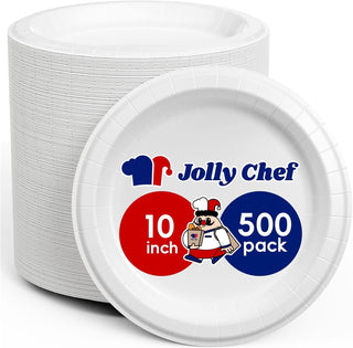 Stack of white 10-inch Jolly Chef paper plates, one with the logo showing '10 inch' and '500 pack'.