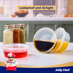Clear plastic food containers with lids holding red, dark, and yellow liquids. Stacked jars and chef mascot in background. "Leakproof and Airtight" text.
