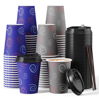 12oz/16oz/20oz Purple& Gray Paper Coffee Cups with Lids and Straw - Office & Travel - TV TOPVALUE - JOLLYCHEF