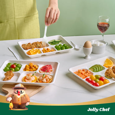 A hand picks food from Jolly chef Compostable Square 5 Compartment Plates. featuring fried chicken, fruits, and vegetables, set on a light table with a glass of wine.