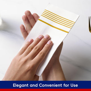 Jolly Chef 2 Ply Golden Stripe Classic Paper Napkins Use Case, an individual is using napkin to wipe his hand