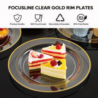 7in /10in Elegant Clear Plastic Plates with Gold Rim - Wedding & Birthday Party - FOCUSLINE - JOLLYCHEF