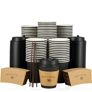 Multiple Size Black Paper Coffee Cups With Black Lids & Sleeves & Stirring Sticks - Office & Party - LITOPAK - JOLLYCHEF