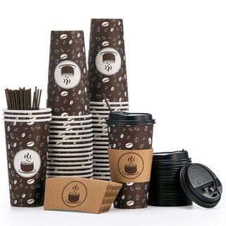 Multiple Size Brown Paper Coffee Cups with Lids & Sleeves & Straws - Hot Coffee & Office - Jolly Party - JOLLYCHEF