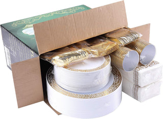 Gold Lace Rim Round Plastic Dinnerware Set with Napkin- Party & Events - Focusline