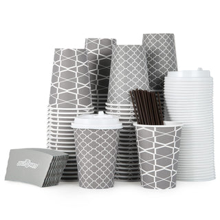 Multiple Size Gray Paper Coffee Cups with Lids & Sleeves & Straws - To Go Cups & Home - Jolly Party - JOLLYCHEF