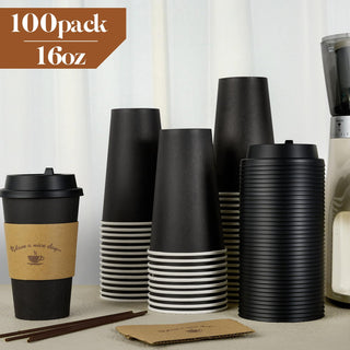 Multiple Size Black Paper Coffee Cups With Black Lids & Sleeves & Stirring Sticks - Office & Party - LITOPAK - JOLLYCHEF